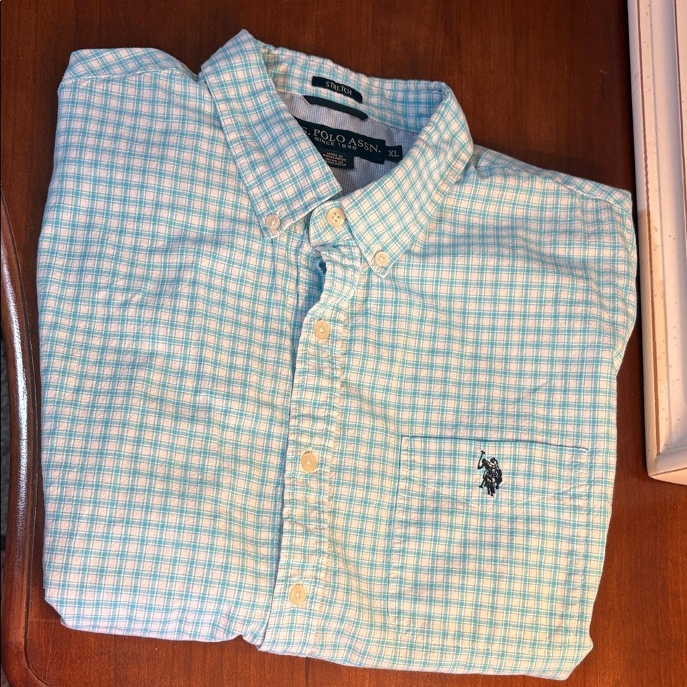 U.S. Polo Assn. Men's Light Teal Plaid Shirt XL Stretch